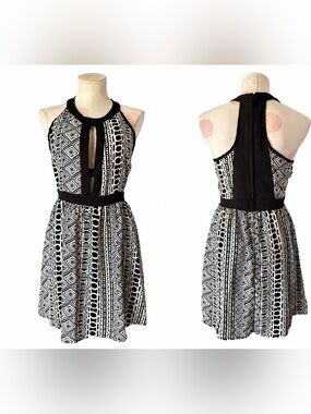 NWT Black & White Geometric Halter Fit & Flare Dress Size M